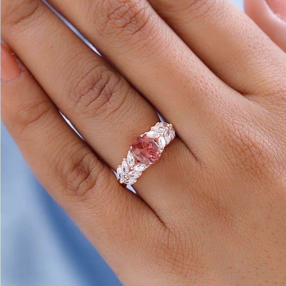 Rose apatite and moissanite ring